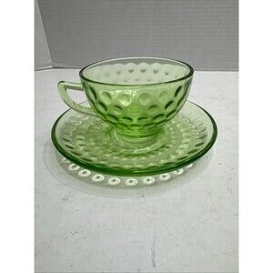 Vintage Federal Raindrops Green Depression Glass Cup And Saucer